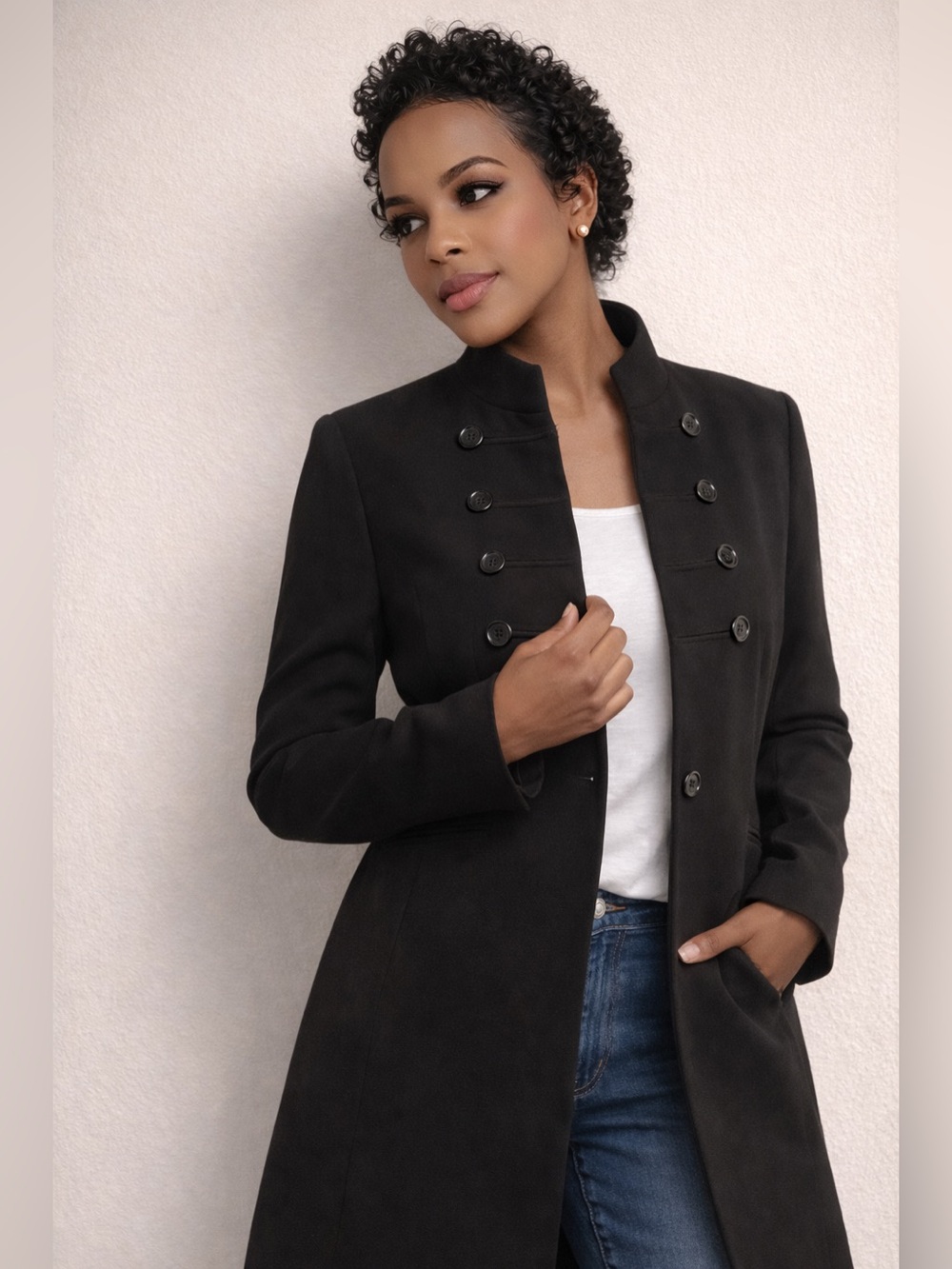 Calvin Klein Black Military Style Stretch Coat Jacket Size 6